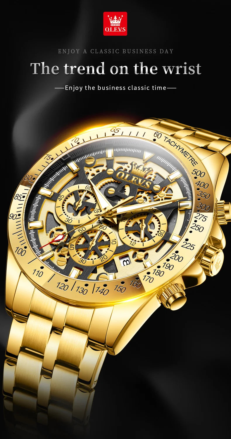 Olevs lxuxry Marke Gold Herren uhren Voll skelett Edelstahl Chronograph Armbanduhr wasserdichte leuchtende Quarzuhr Herren