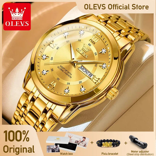 Olevs Herren uhren Mode Gold Original Quarzuhr für Mann Edelstahl wasserdicht leuchtende Armbanduhr Datum Woche römisch