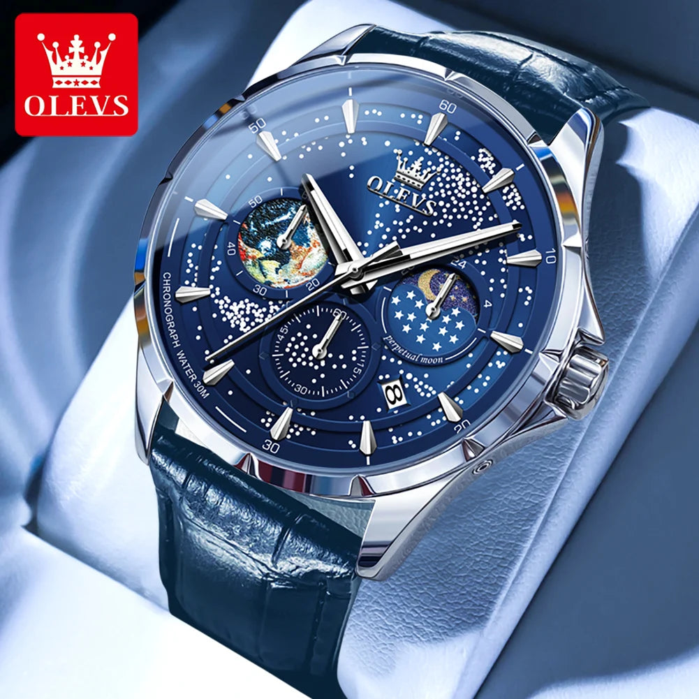 Olevs Herren uhren multifunktion ale Original Quarz Armbanduhr wasserdichte Leder Leucht uhr für Mann Chronograph Mondphase