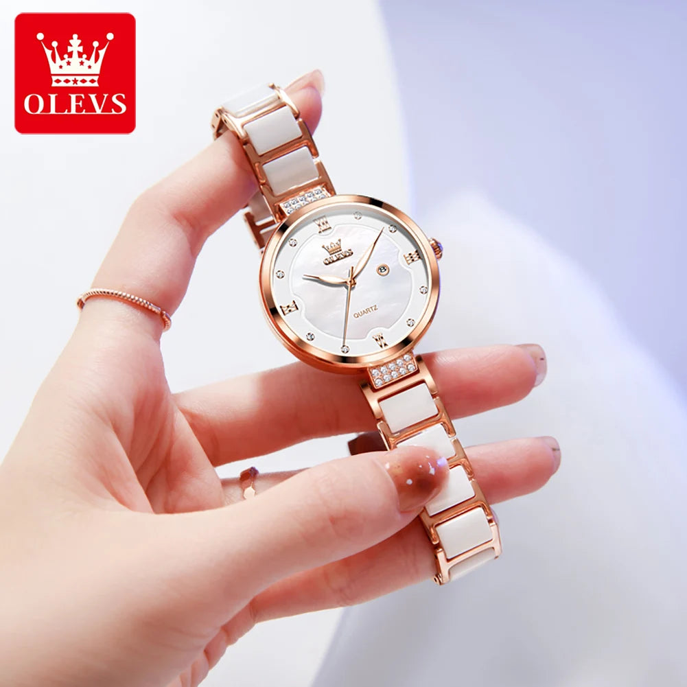 OLEVS Damenuhren, elegante Mode, Keramikarmband, Uhr für Damen, Armband, Geschenkbox-Set, wasserdicht, leuchtendes Datum