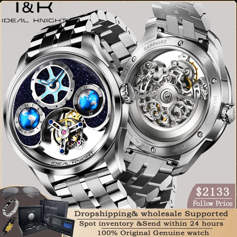 IDEAL KNIGHT 6808 Hollow Tourbillon Watch Luxury Brand Men Watch Fashion Business Waterproof Luminous Blue Earth Design Watch ﻿