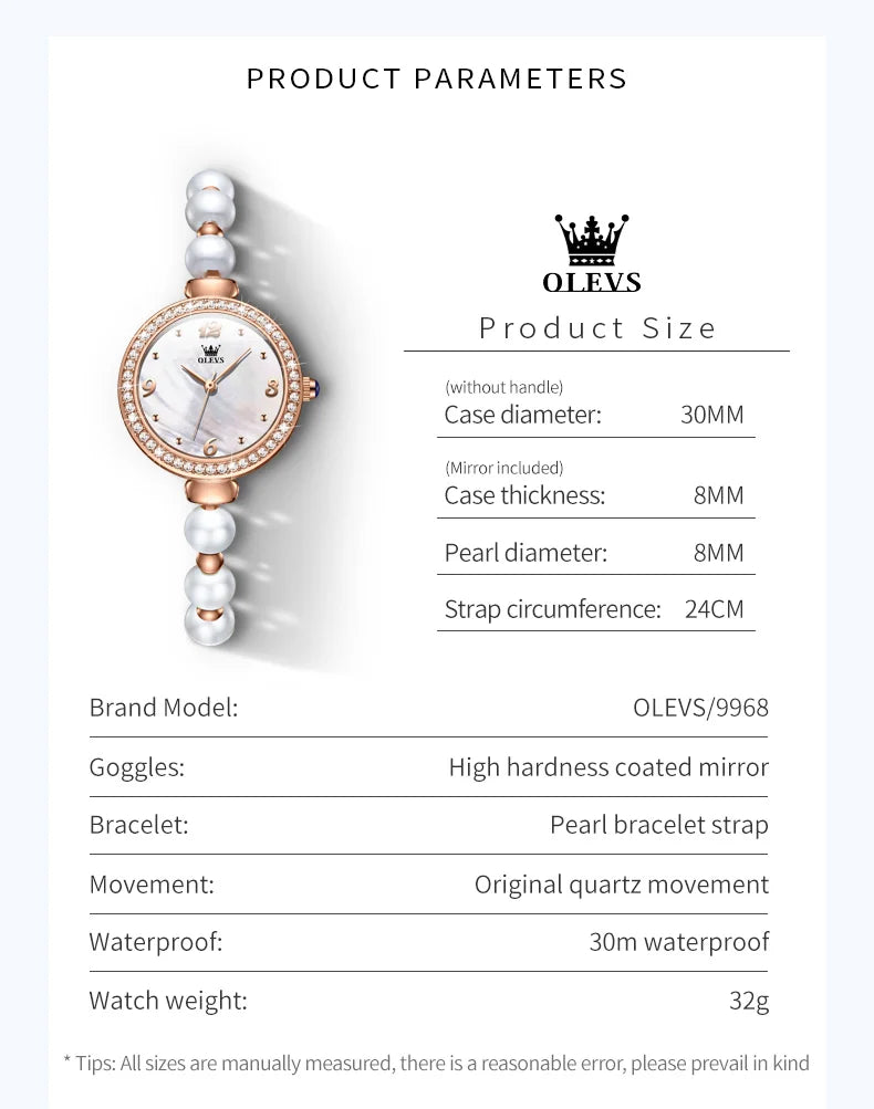 OLEVS 9968 Frauen Uhr Elegante Mode Original Kleine Zifferblatt Quarz Armbanduhr Wasserdichte Perle Uhr Kette Damen Uhr Box Reloj