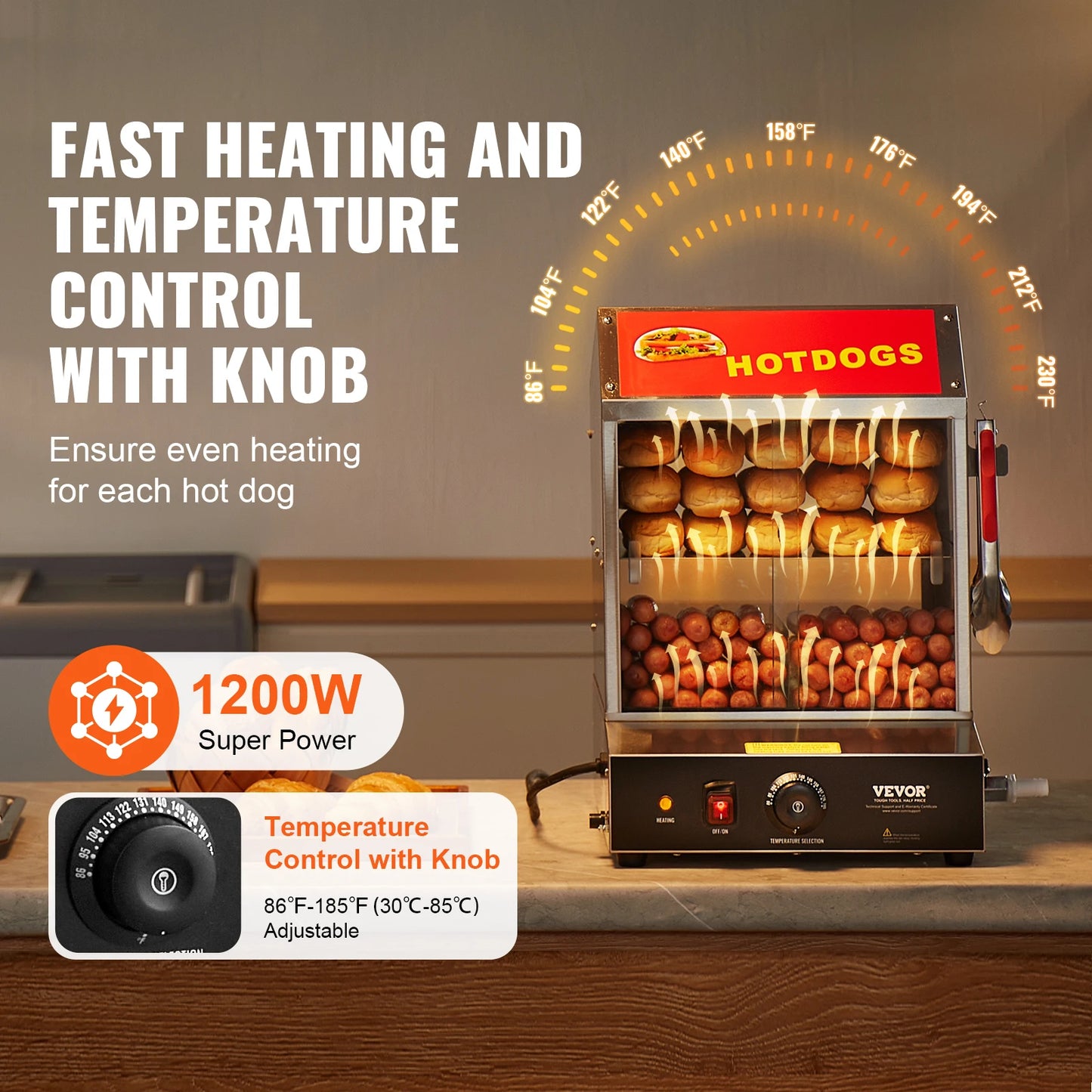 VEVOR Hot Dog Dampfgarer, 27L, 2-stufiger Hot Dog Hütten-Dampfgarer, 30℃~85℃ Temperaturregelung, elektrischer Brötchenwärmer mit Schiebetüren aus gehärtetem Glas, Trennplattenzange, Edelstahl, für Hot Dogs & Brötch