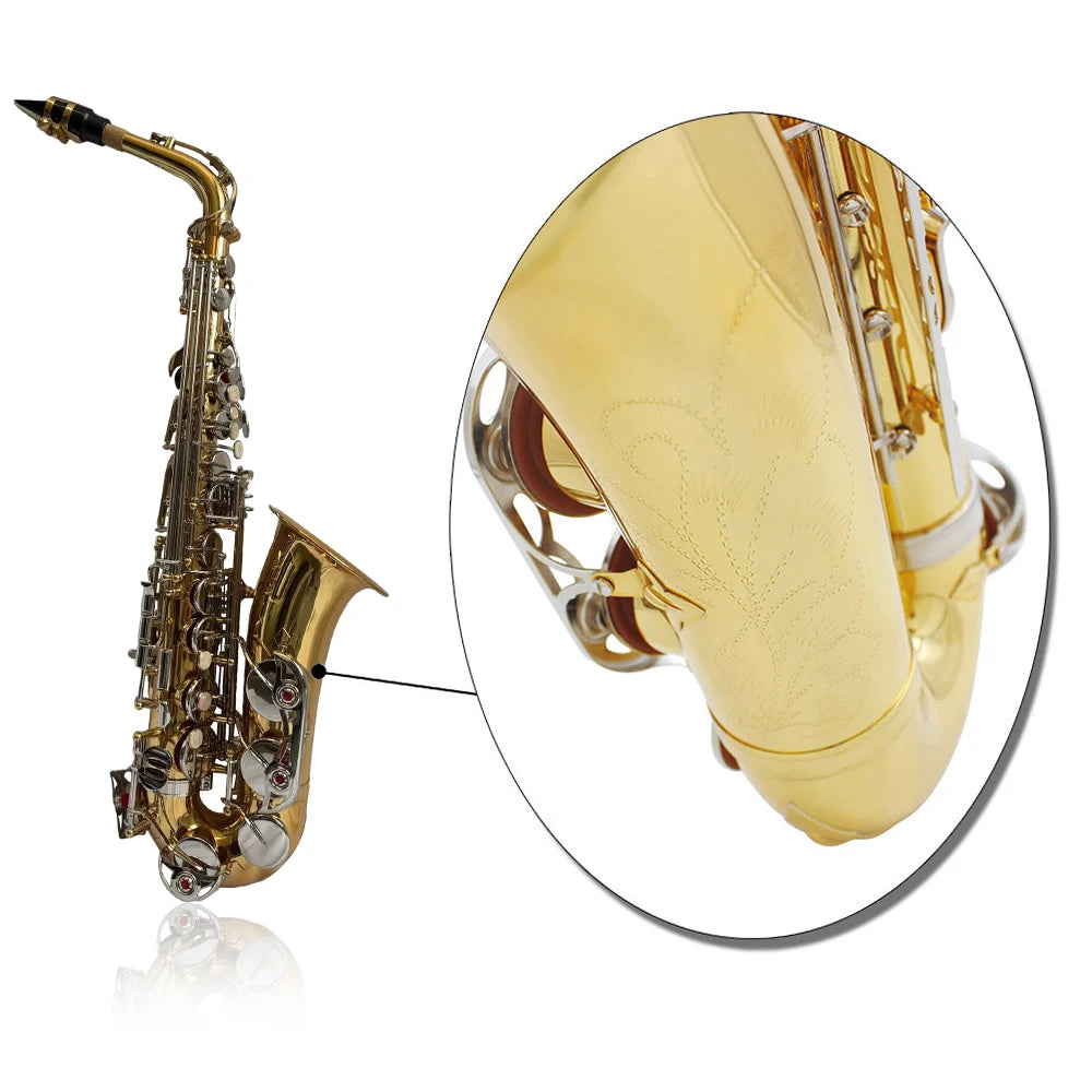 Altsaxophon, Saxophon, glänzendes Messing, graviert, Eb E-Flat, natürliche weiße Schale, Knopf, Blasinstrument mit Koffer, stummgeschaltete Handschuhe, Reinigung