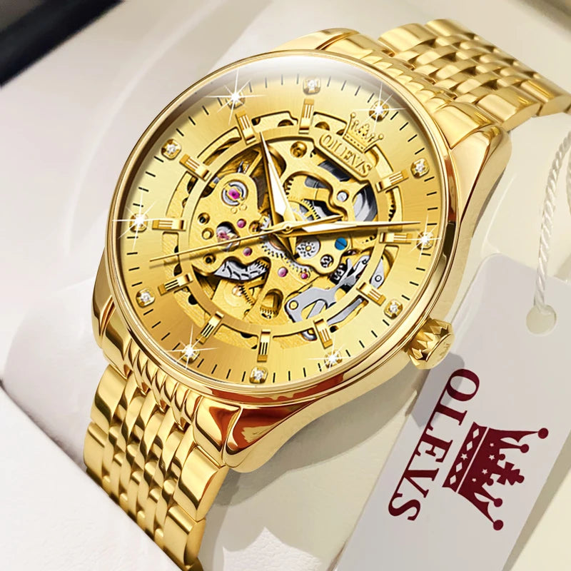 OLEVS herren Uhren Luxus Gold Skeleton Automatische Mechanische Armbanduhr für Mann Wasserdichte Edelstahl Luminous Business