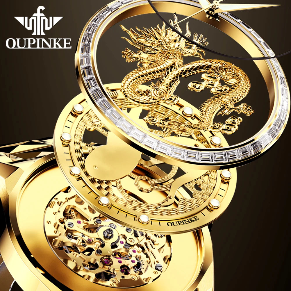 Oupinke 3276 Luxus Männer goldenen Drachen mechanische Uhr importierte Marken werk Diamant uhr Original Saphir Spiegel Herren uhr