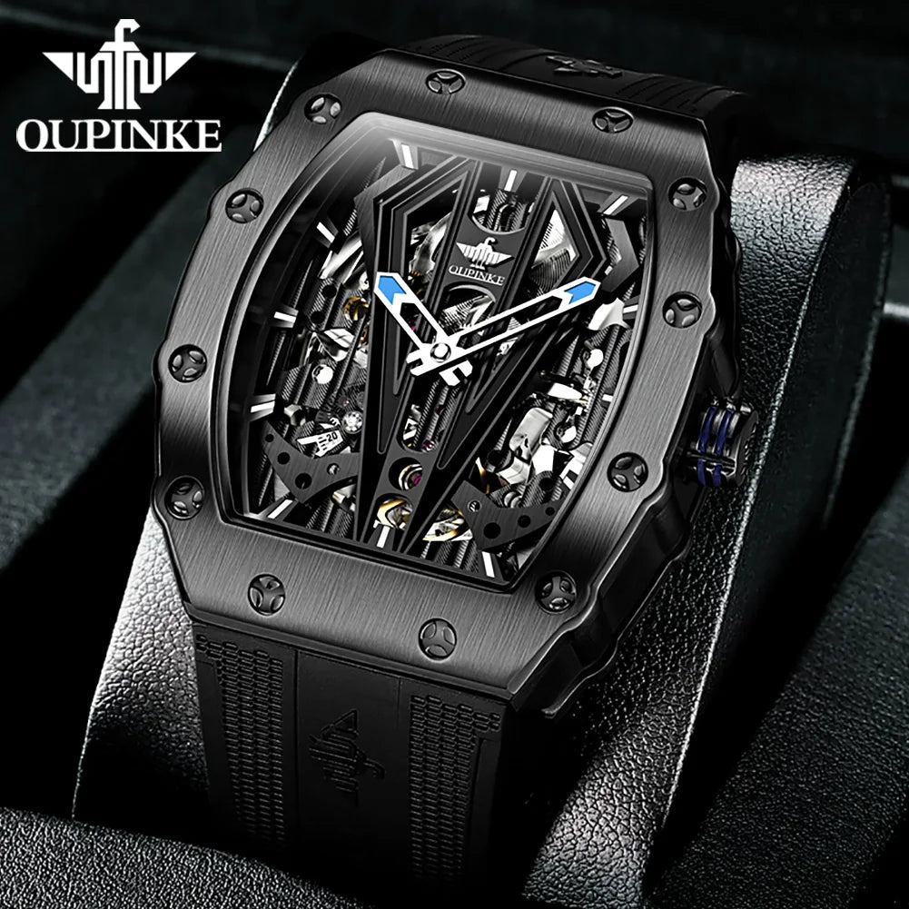 OUPINKE 3179 Men's Watch Luxury Brand Automatic Mechanical Watch Silicone Strap Sapphire Mirror Waterproof Skeleton Men's Watch