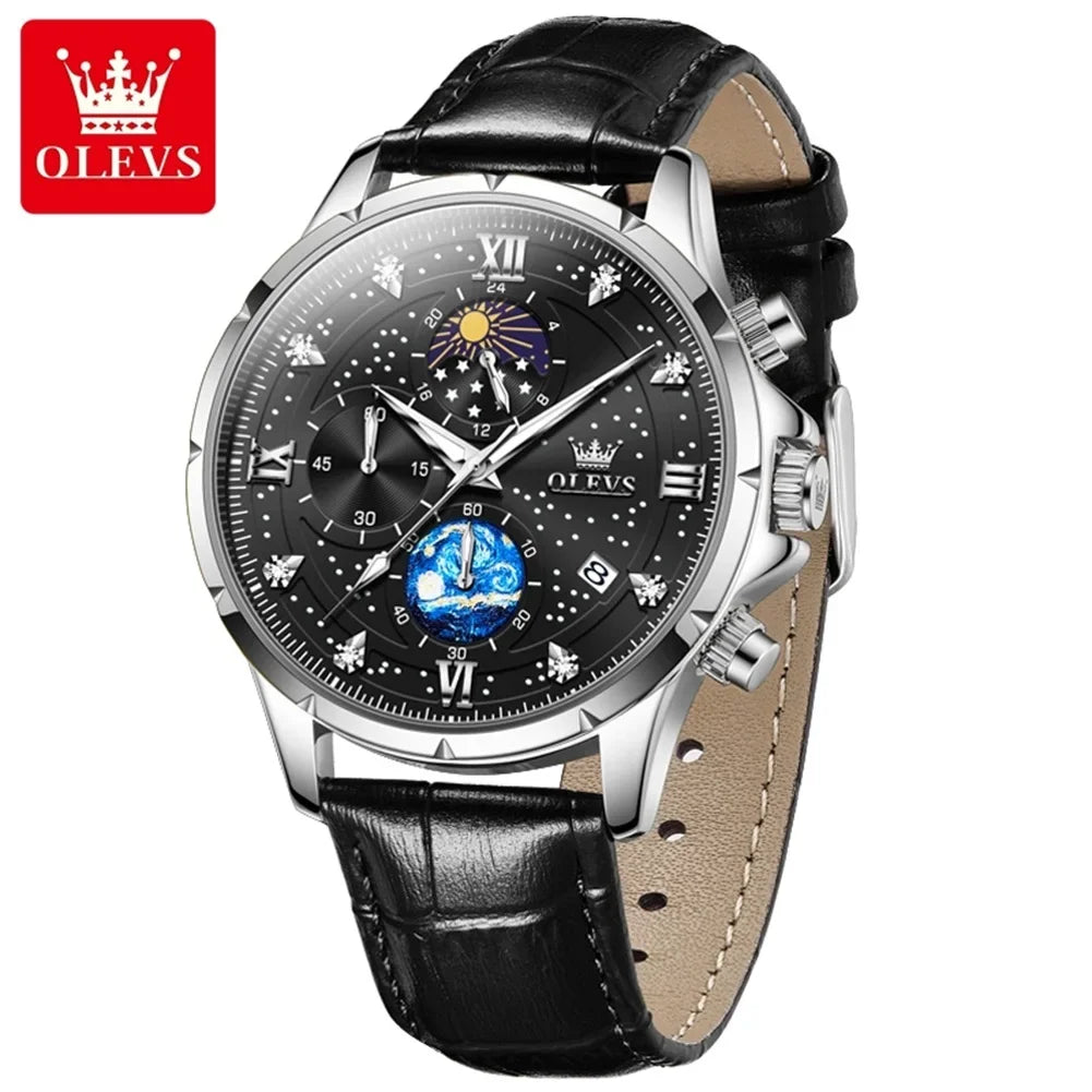 OLEVS Luxury Luminous Starry Sky Dial Men's Watches Moon Phase Waterproof Original Quartz Watch for Male Wristwatch Chronograph