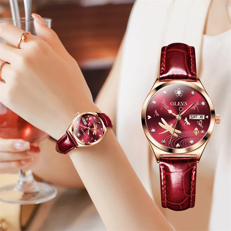 Olevs Luxus Damenmode rote Uhren Qualitäten mechanische Uhr Damen Leder Armbanduhren elegante montre femme