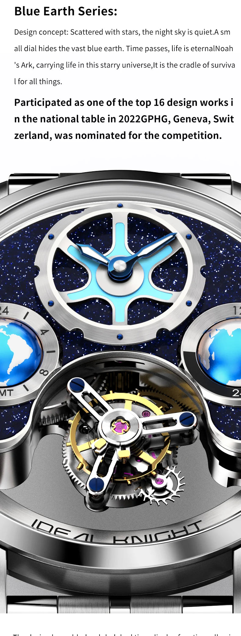 IDEAL KNIGHT 6808 Hollow Tourbillon Watch Luxury Brand Men Watch Fashion Business Waterproof Luminous Blue Earth Design Watch ﻿