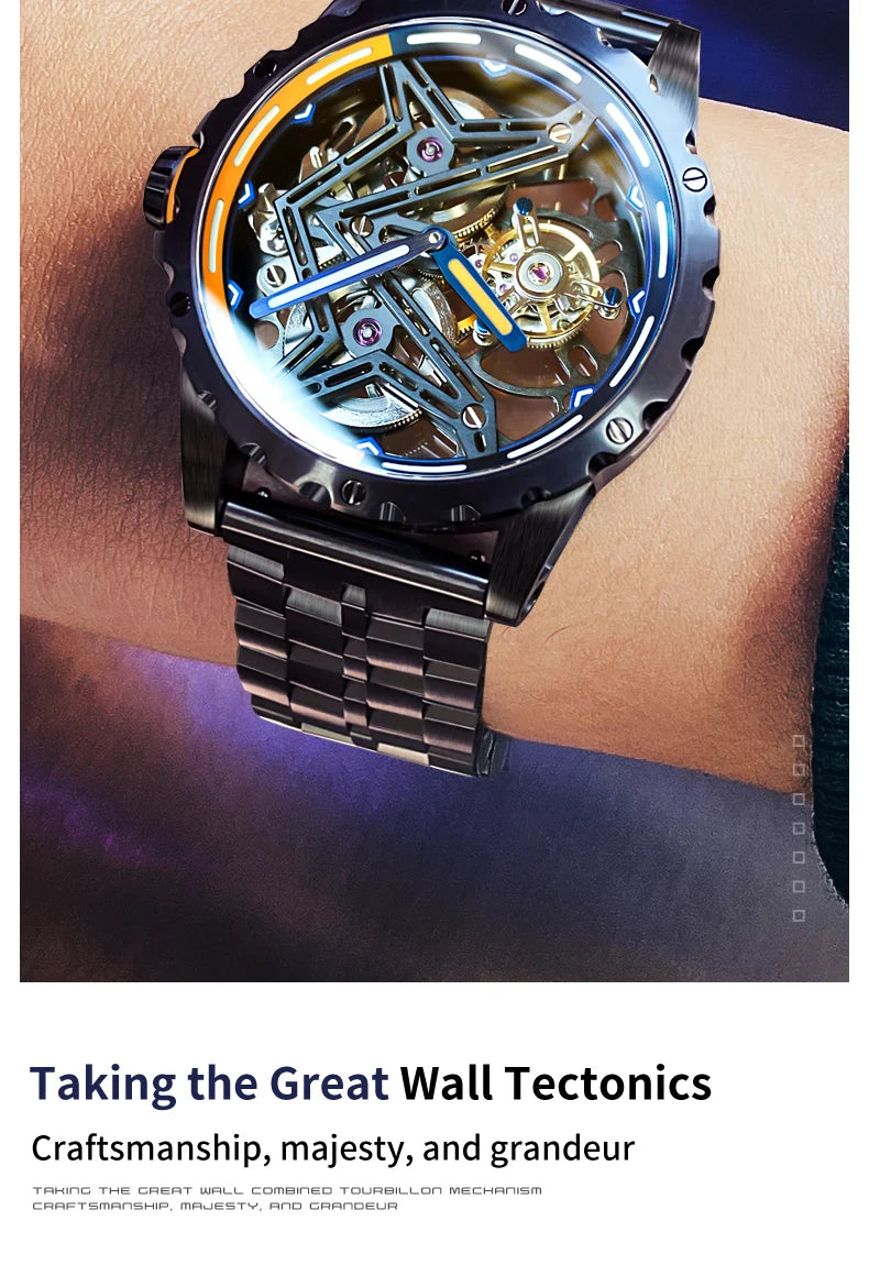 Ideal Knight Tourbillon Automatic Watch for Men Orange Blue Luminous Dial Fashion Black Steel Strap Hand Clock Great Wall Series