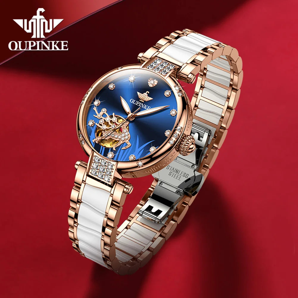 Oupinke 3211 aushöhlen Diamant Hirsch Automatik uhr für Frauen Japan mechanisches Uhrwerk Keramik armband Luxus Damen Schreib uhren