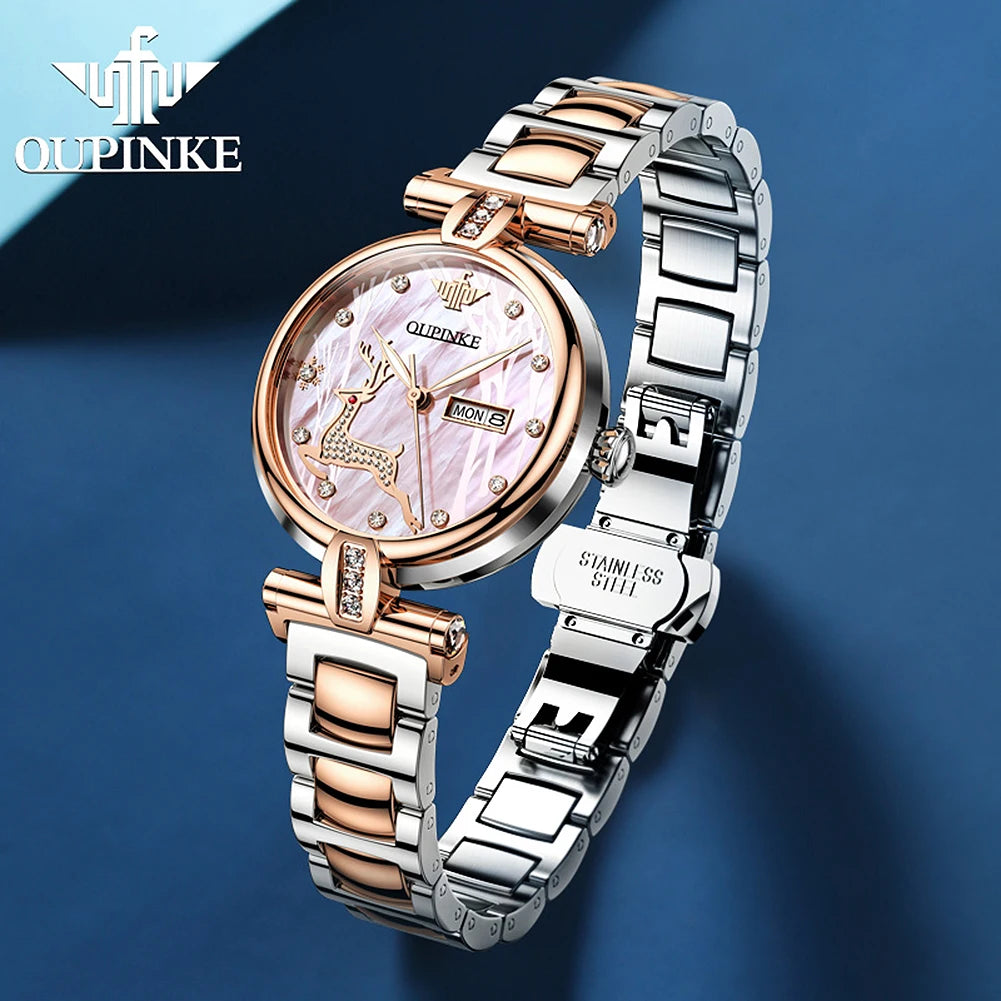 Oupinke Damen mechanische Uhren Mode Diamant Hirsch Design Armbanduhr Top Luxus Stahl armband Automatik uhr für Frauen