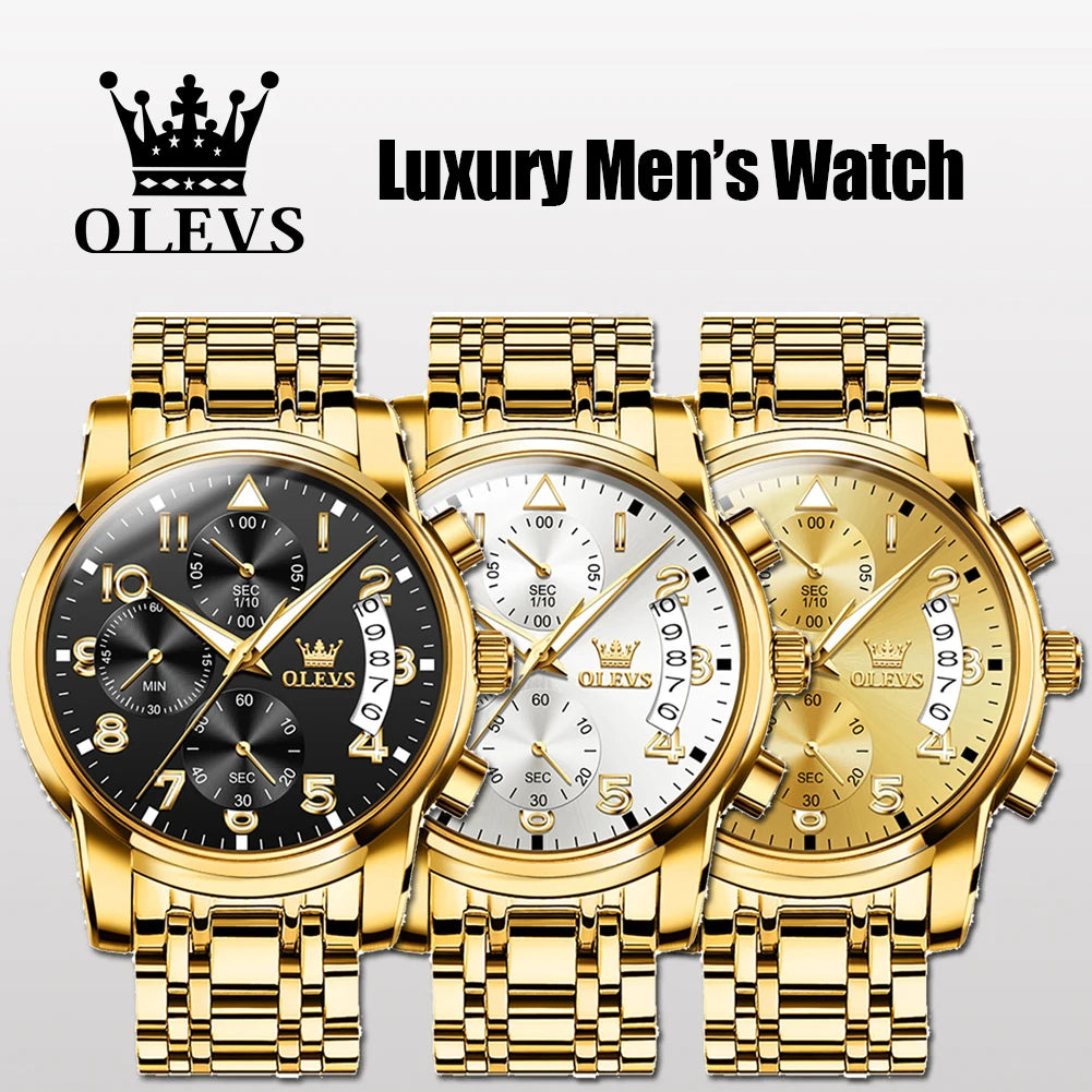 OLEVS Luxus männer Uhren Original Gold Chronograph Armbanduhr Wasserdichte Edelstahl Leucht Quarzuhr für Mann Sozialen