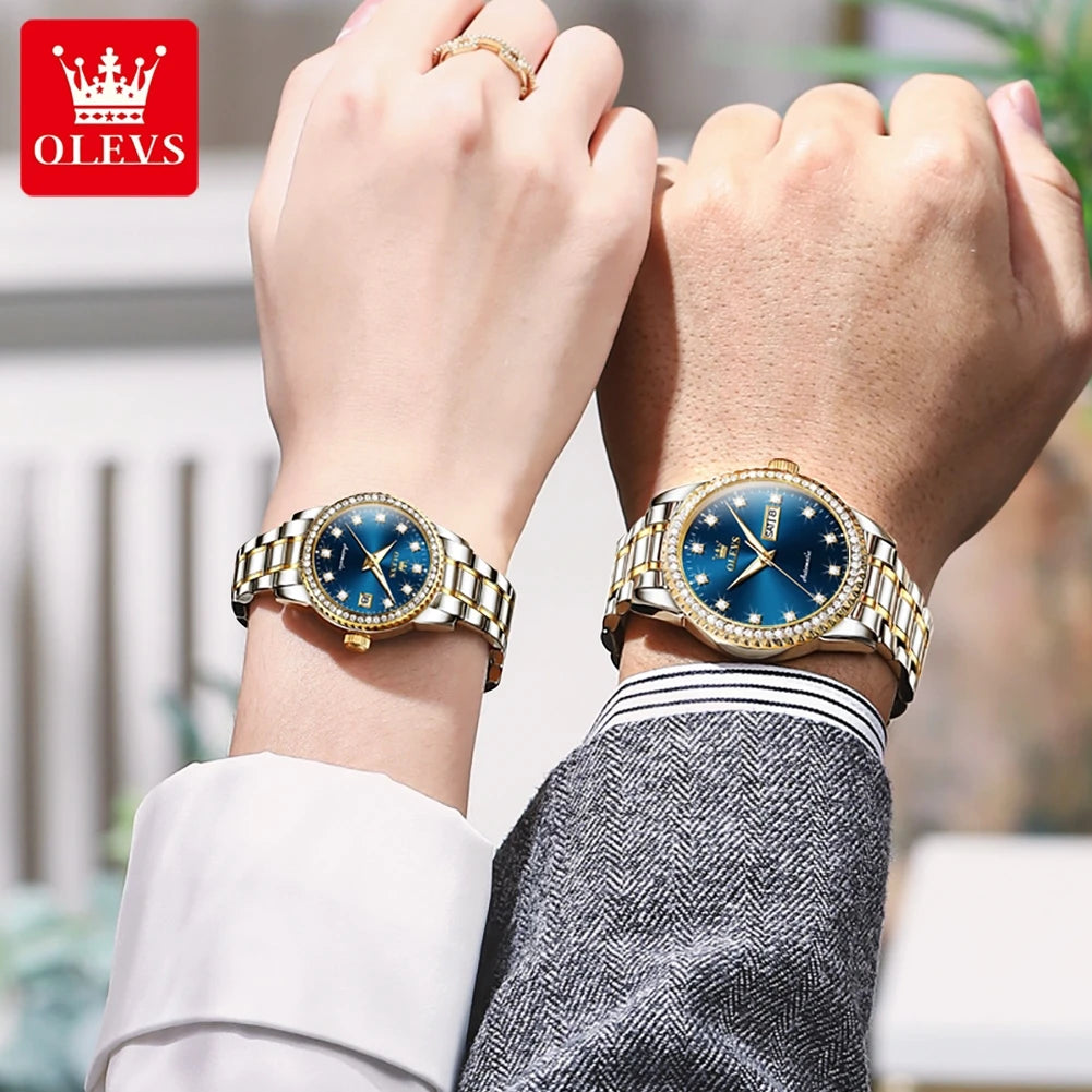 OLEVS Paar Uhren Einfache Luxus Automatische Mechanische Armbanduhr Diamant Zifferblatt Datum Woche Uhr Für Sie und Ihn Wasserdicht Leucht