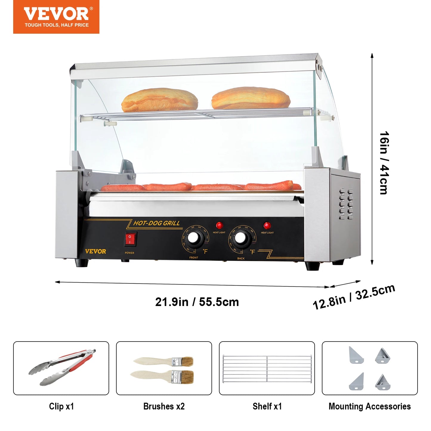 Vevor Hot Dog Roller 5 Rollen 12 Hot Dogs Kapazität 750w Edelstahl Wurst Grill Herd Maschine mit Dual Temp Control Glas haube