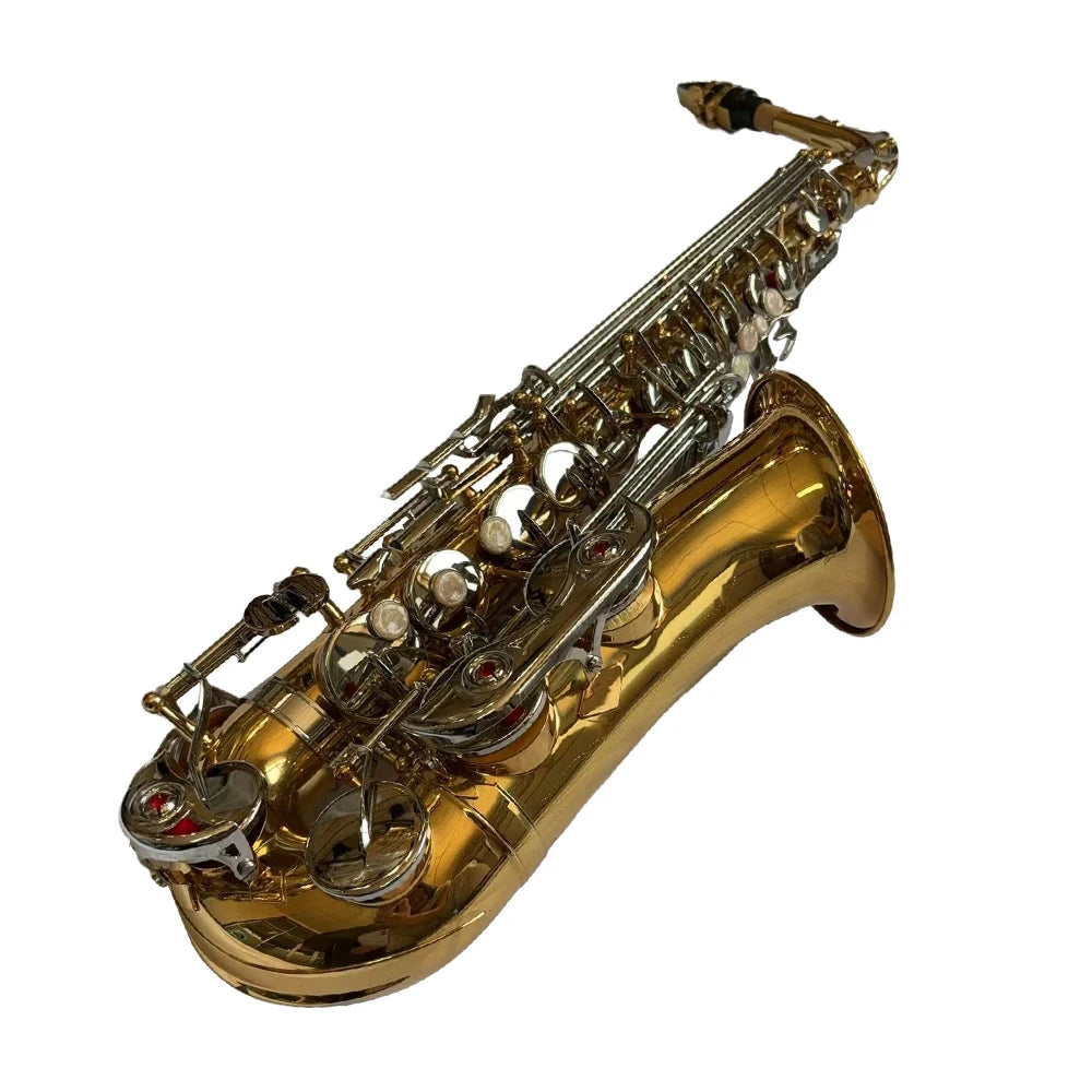 Altsaxophon, Saxophon, glänzendes Messing, graviert, Eb E-Flat, natürliche weiße Schale, Knopf, Blasinstrument mit Koffer, Stummschaltung, Handschuhe, Zubehör