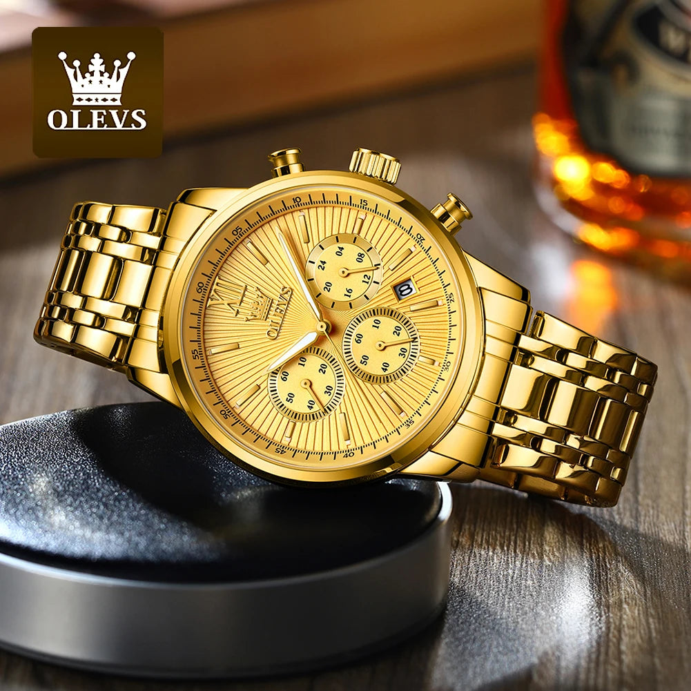 Olevs Herren uhren Luxus Gold Mode Armbanduhr für Mann Edelstahl wasserdicht leuchtenden Chronograph Datum 24 Stunden Anzeige