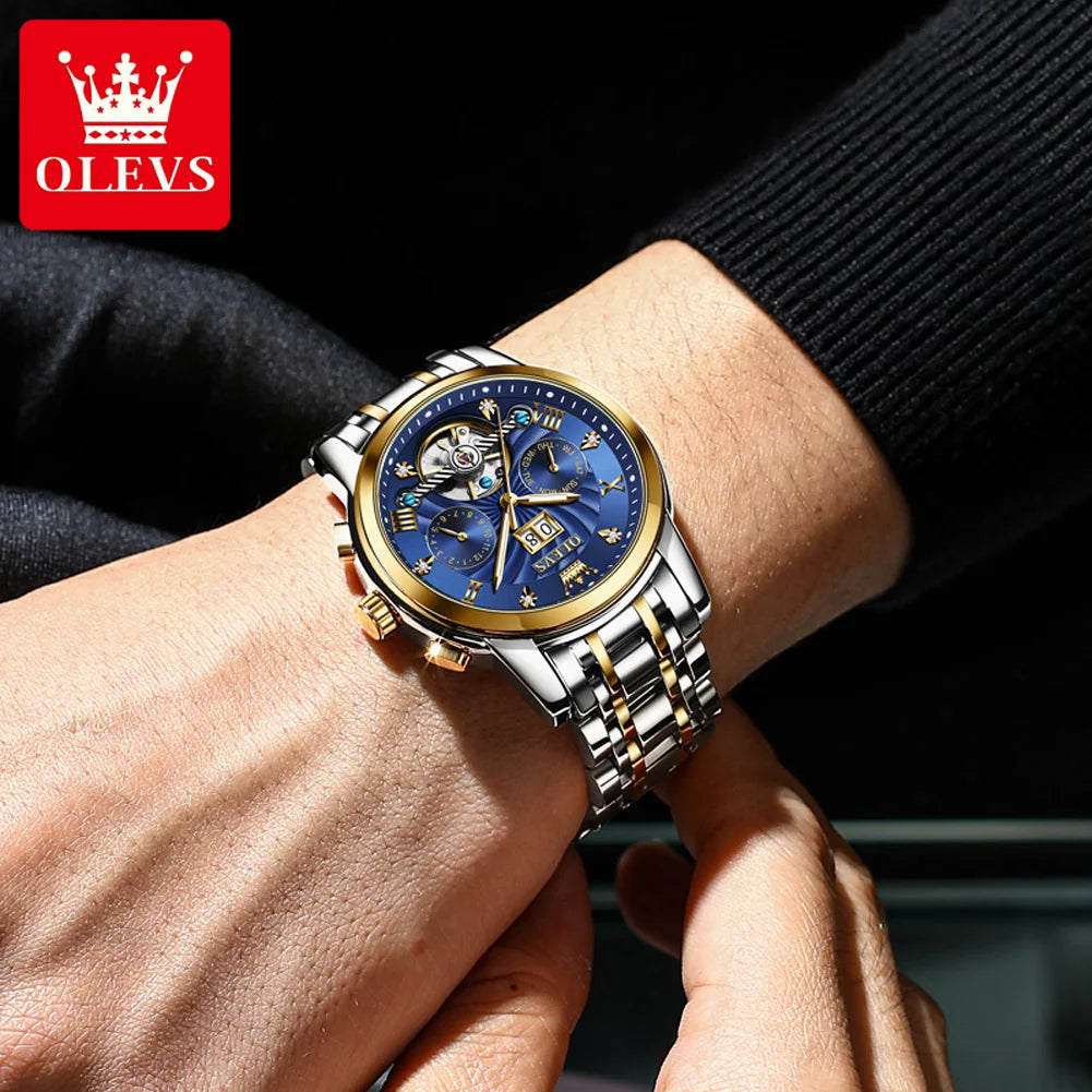 Olevs 9910 automatische mechanische Uhr für Männer Luxus Skelett Herren Armbanduhren Edelstahl wasserdichte Original Herren uhr