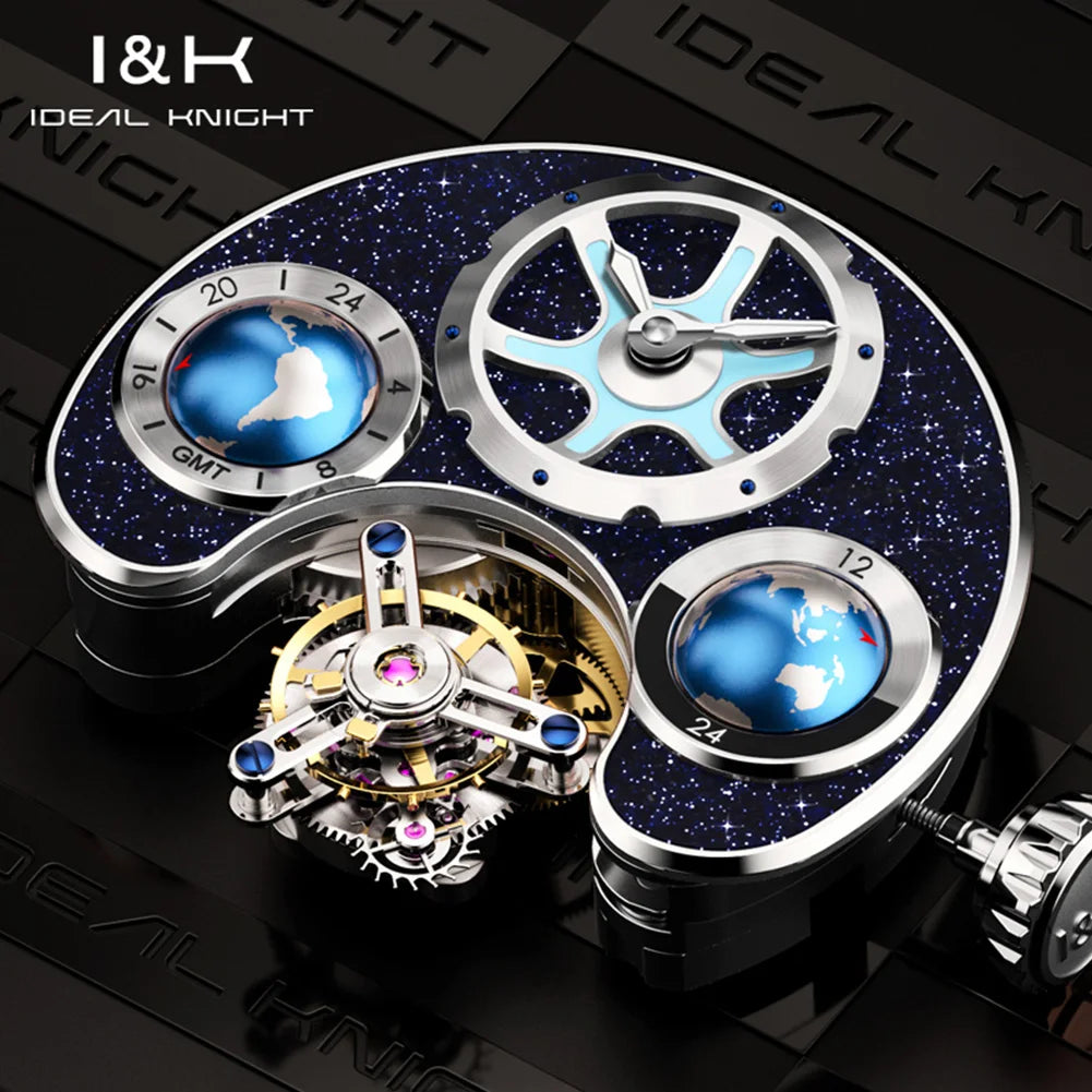 IDEAL KNIGHT 6808, Luxusmarke, Tourbillon, vollständig hohl, automatische mechanische Herrenuhr (blauer Boden), hochwertige Uhr für Herren