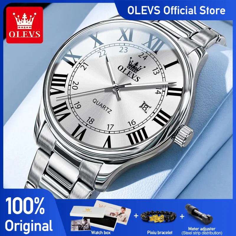 Olevs Herren uhren römische Skala einfache Mode Uhr für Mann wasserdichte Edelstahl leuchtende Datum Original Quarz Armbanduhr