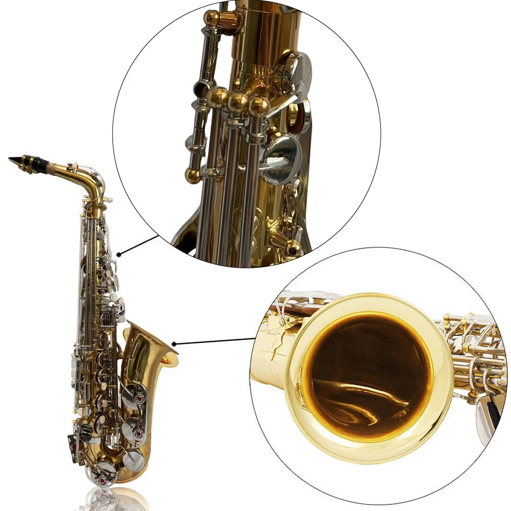 Altsaxophon, Saxophon, glänzendes Messing, graviert, Eb E-Flat, natürliche weiße Schale, Knopf, Blasinstrument mit Koffer, stummgeschaltete Handschuhe, Reinigung