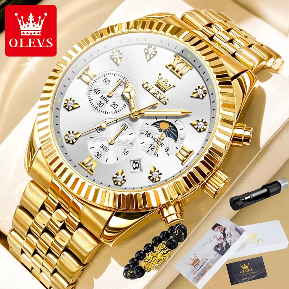 Olevs 2932 High-End-Herren uhr klassische Mondphase wasserdichte Edelstahl-Chronograph enuhr Luxusmarke Quarz Herren uhr