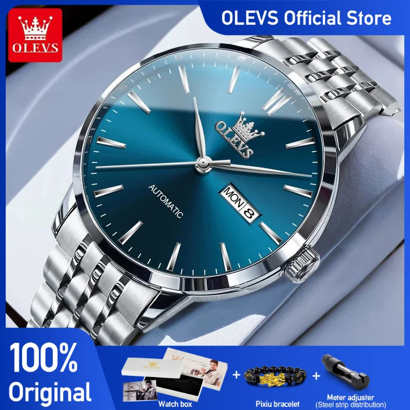 OLEVS 7048 Herrenuhr Business Original Automatikuhr Wasserdicht Leuchtend Edelstahl Dual Kalender Display Uhr für Herren