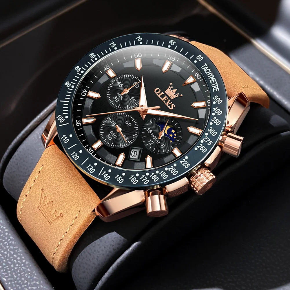 OLEVS herren Uhren Beliebte Mode Original Quarzuhr für Mann Chronograph Wasserdichte Leder Armbanduhr Luminous Mond Phase