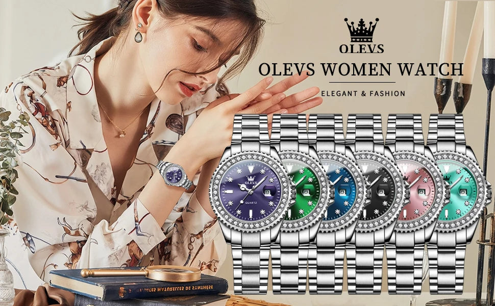 Olevs Damen uhren Top Marke Original Quarz Damen uhr Luxus Lünette Diamant Armbanduhr wasserdicht vergrößern Datum Geschenkset