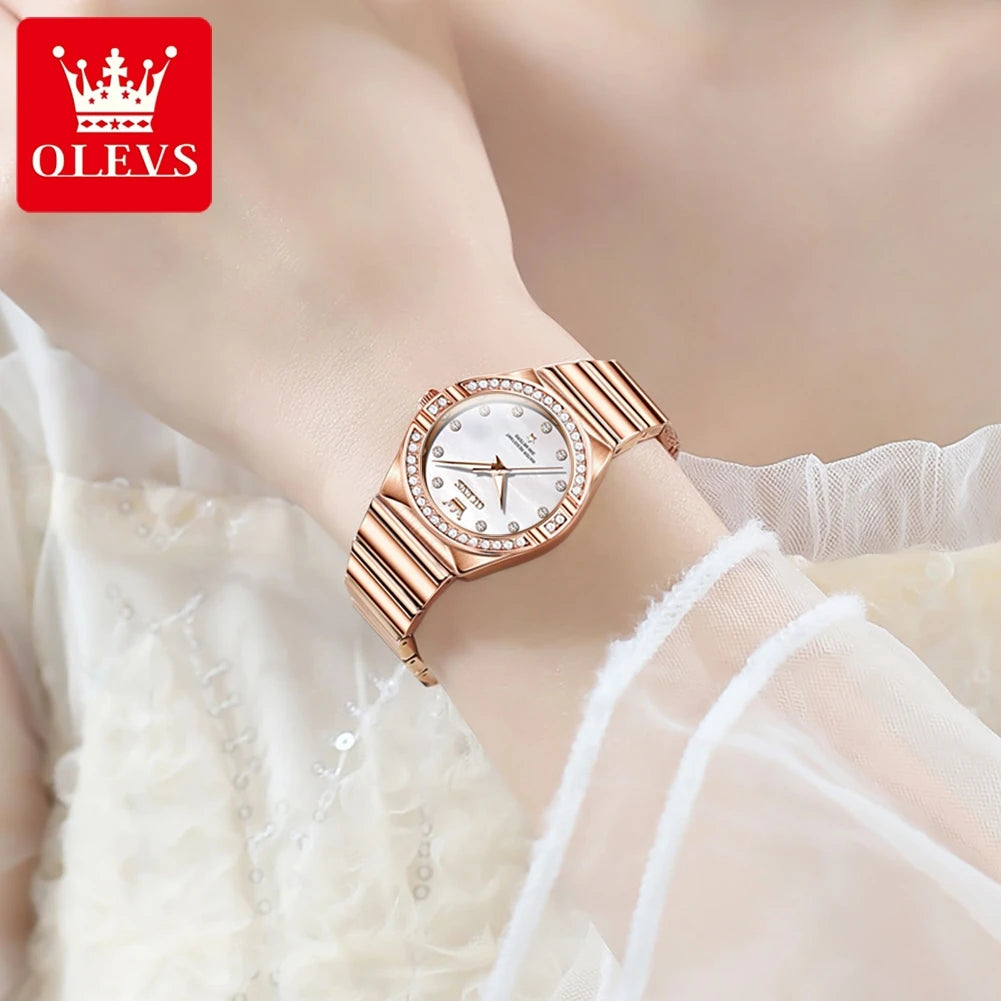 OLEVS Damenuhren, modisch, elegant, Original-Quarzuhr für Damen, glänzendes Diamantgehäuse, wasserdicht, leuchtendes Armband-Set