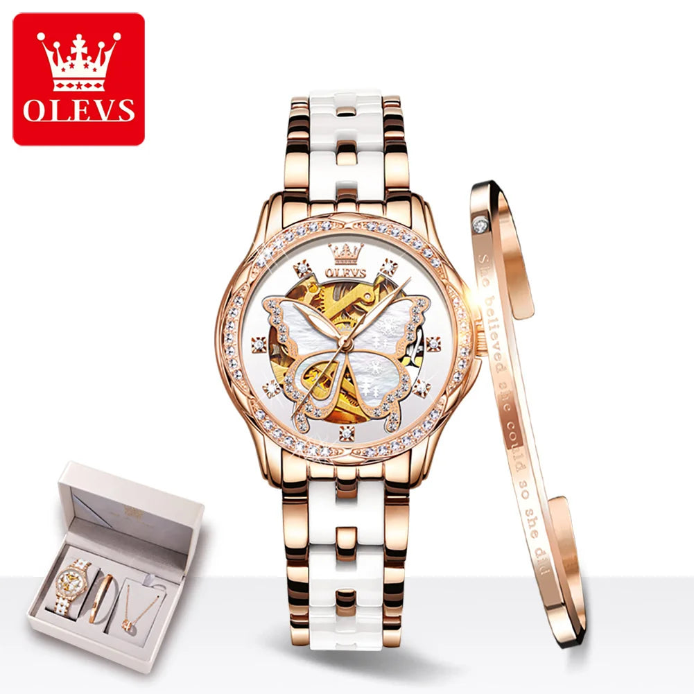 OLEVS Top Marke Mechanische Frauen Uhr Mode Schweiz Luxus Marke Damen Armbanduhr Automatische Lederband Geschenk