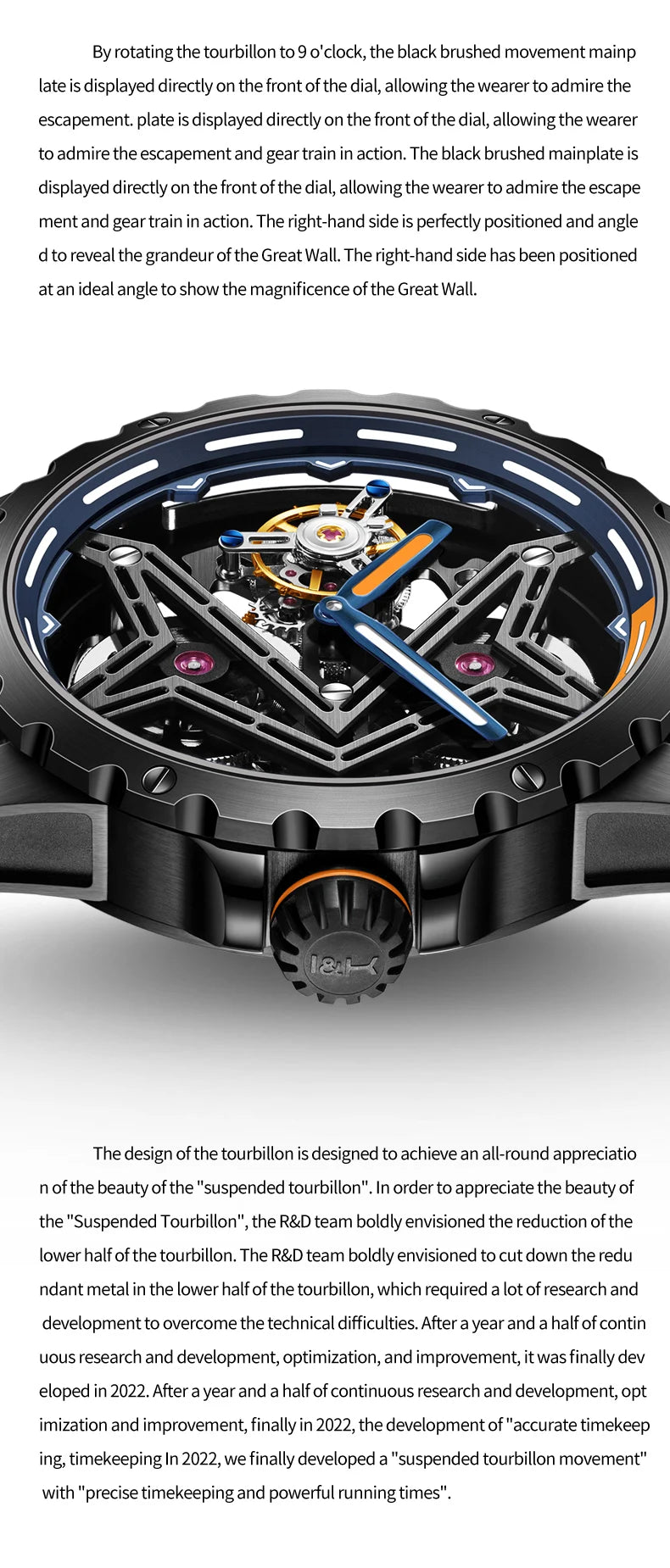 Ideal Knight Tourbillon Automatic Watch for Men Orange Blue Luminous Dial Fashion Black Steel Strap Hand Clock Great Wall Series