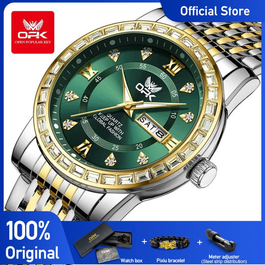 Opk Uhren für Männer Klassiker Mode Original Quarz Armbanduhr wasserdichte leuchtende Zirkon Lünette Dual Kalender Display