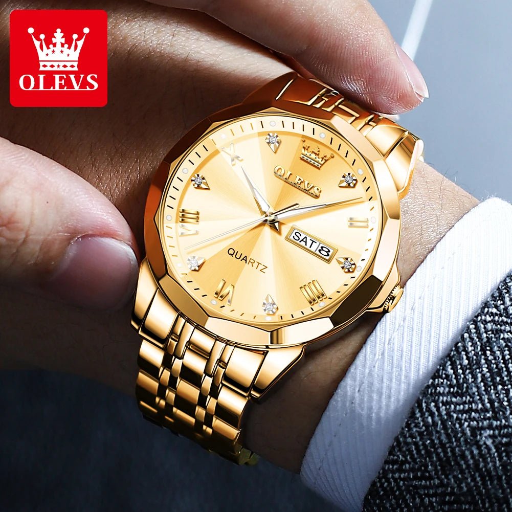 OLEVS Herrenuhren Gold Original Quarz-Armbanduhr Wasserdicht Leuchtende Uhr für Männer Rhombus Mirror Date Week Luxuskleid