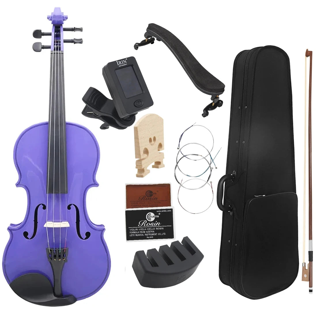 4/4 Violine Massivholz Schwarz Akustische Violine mit Koffer & Bogen & Kolophonium & Saiten & Stimmgerät & Schulterstütze Zubehör für Anfänger