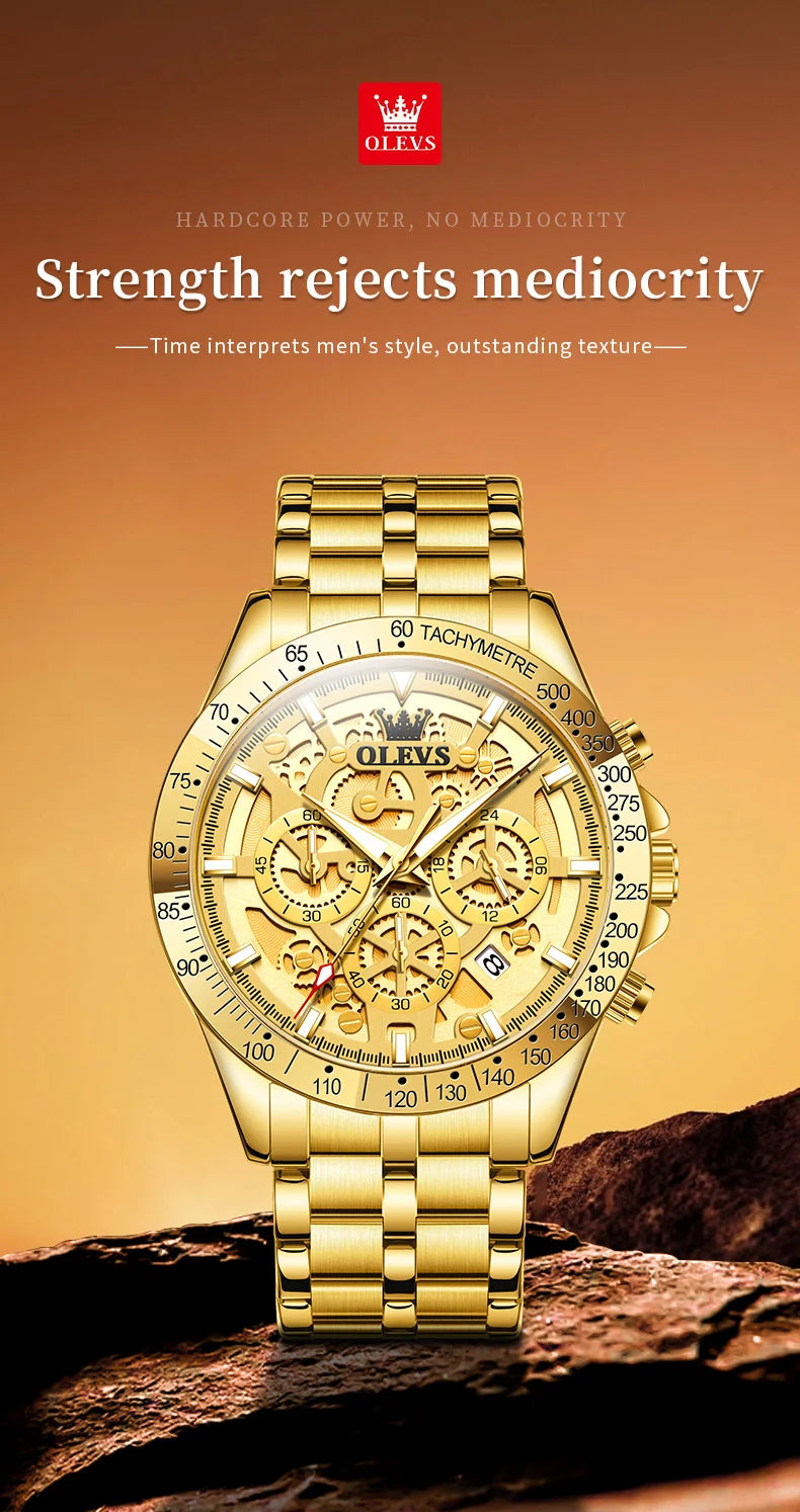 Olevs lxuxry Marke Gold Herren uhren Voll skelett Edelstahl Chronograph Armbanduhr wasserdichte leuchtende Quarzuhr Herren