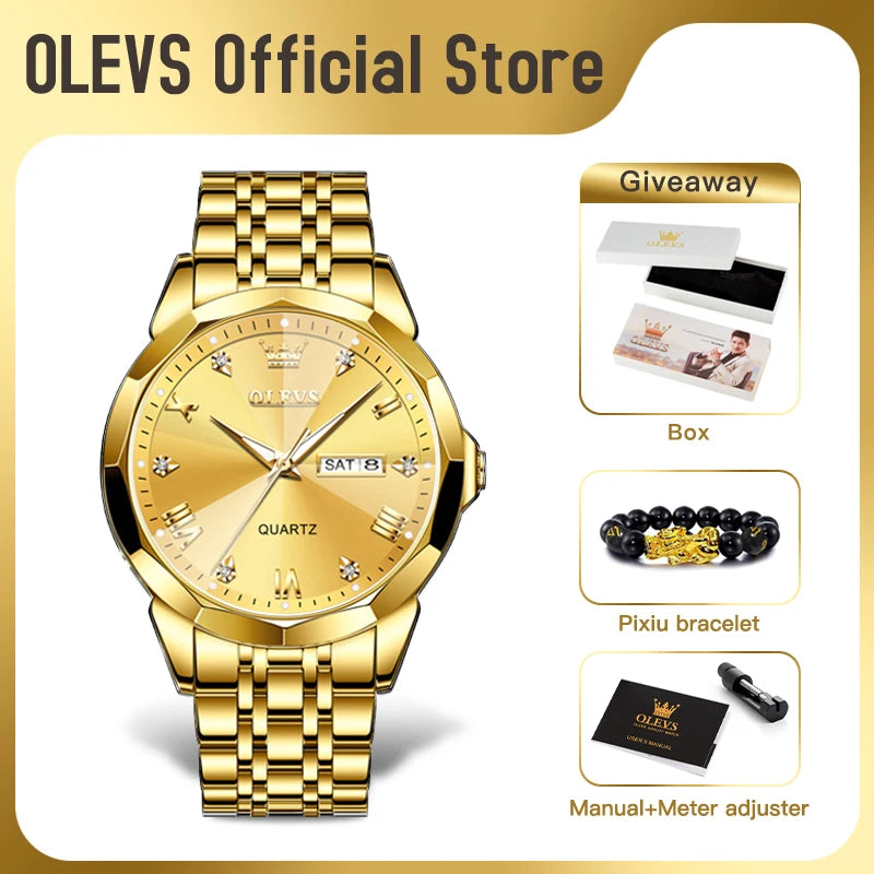 OLEVS Herrenuhren Gold Original Quarz-Armbanduhr Wasserdicht Leuchtende Uhr für Männer Rhombus Mirror Date Week Luxuskleid