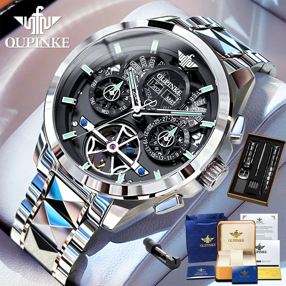 Oupinke 3233 neue automatische mechanische Uhr für Männer hohle 42mm große Zifferblatt Handuhr Wolfram Stahl armband Original Herren uhren