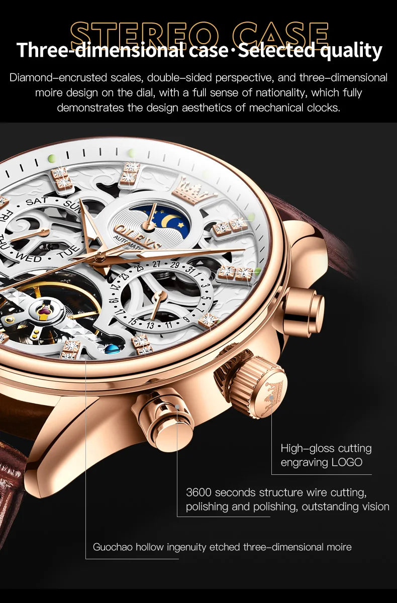 OLEVS Top Marke männer Uhren Mode Skeleton Tourbillon Automatische Mechanische Armbanduhr für Männer Wasserdicht Lederband Neue