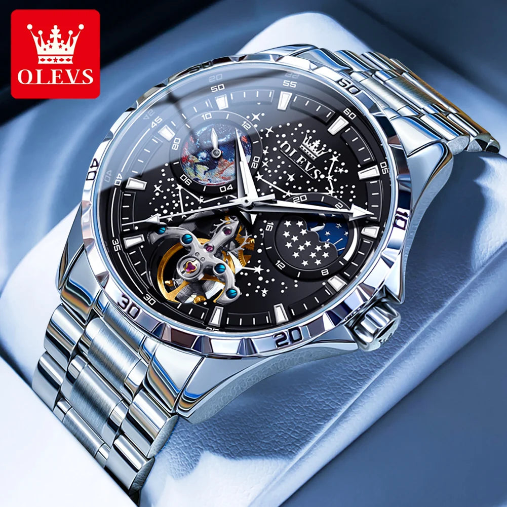 OLEVS Original Marke herren Uhren Wasserdichte Multifunktionale Leuchtende Voll Automatische Mechanische Uhr Mond Phase Sternen Disk