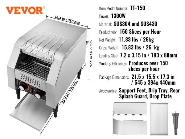 VEVOR Durchlauf-Toaster 1300 W Förderbandtoaster, Kettentoaster, Drei Multifunktionale Betriebsarten 150 Scheiben pro Stunde, Silber Kommerzieller Toaster Förderband Edelstal Restaurants, Bäckereien