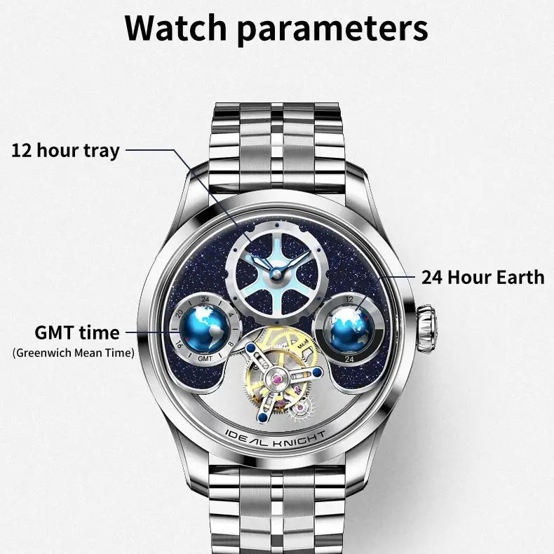 IDEAL KNIGHT 6808 Hollow Tourbillon Watch Luxury Brand Men Watch Fashion Business Waterproof Luminous Blue Earth Design Watch ﻿