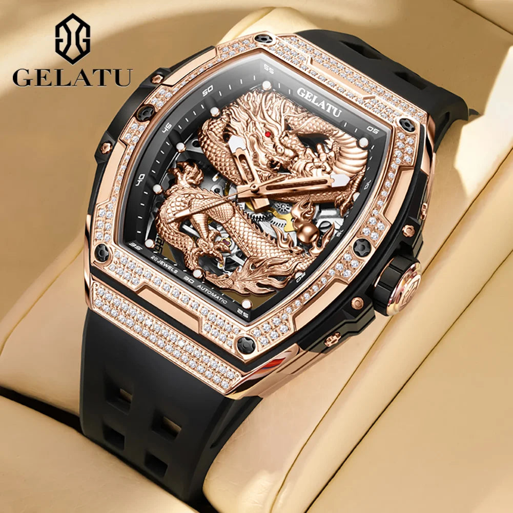 GELATU 6021 Mens Watch Original Brand Automatic Watch Waterproof Luminous Watch For Men Diamond Bezel Dragon Watches Luxury Men