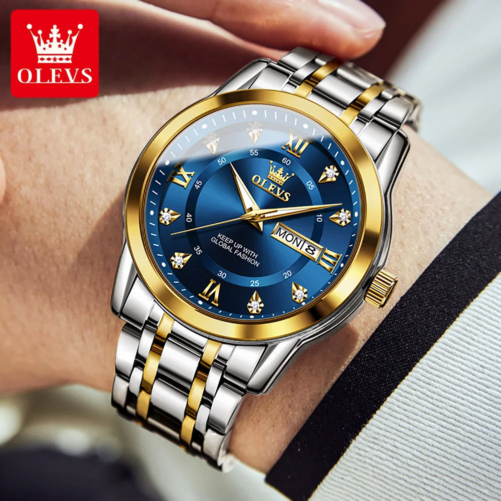 Olevs Herren uhren Mode Gold Original Quarzuhr für Mann Edelstahl wasserdicht leuchtende Armbanduhr Datum Woche römisch