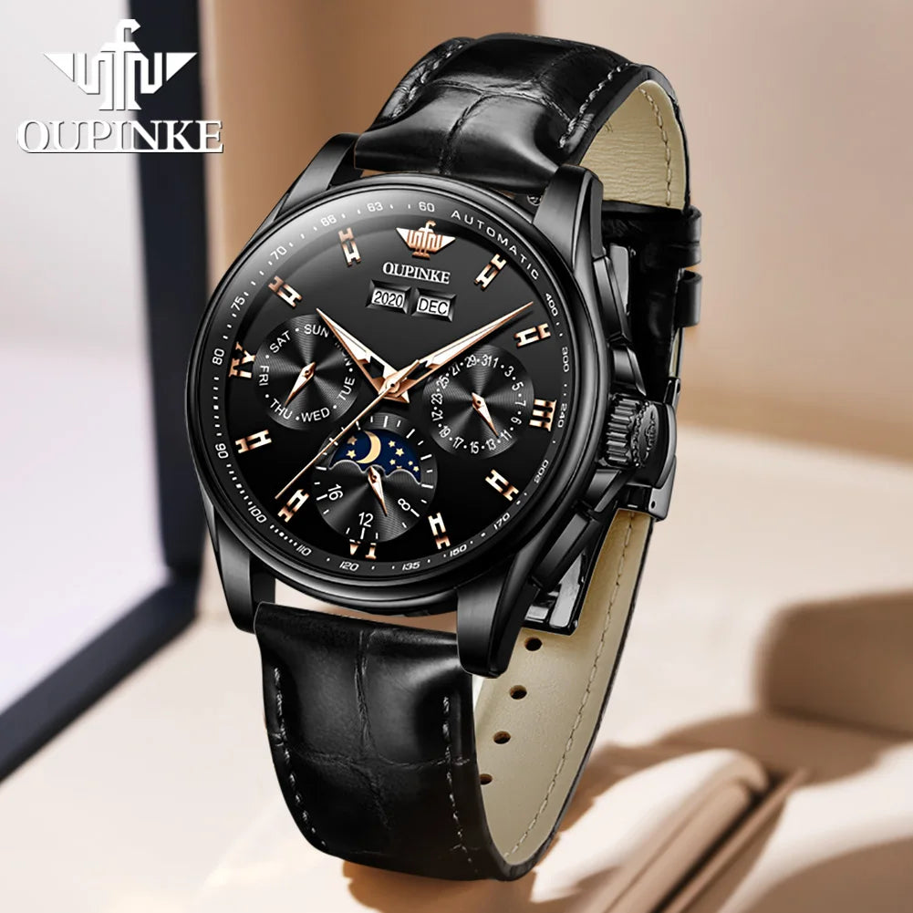 OUPINKE Echte männer Automatische Mechanische Uhr Wasserdicht Kalender Saphir Spiegel Armbanduhr herren Uhr Religio Masculino