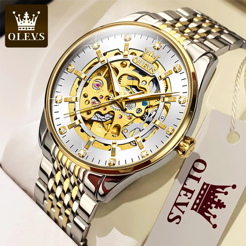 OLEVS herren Uhren Luxus Gold Skeleton Automatische Mechanische Armbanduhr für Mann Wasserdichte Edelstahl Luminous Business