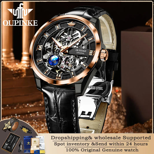 OUPINKE 3268 Luxus Original Skeleton 50 M Wasserdicht Männer Automatische Mechanische Uhr Mode 3D Rotierenden Globus Sport herren Uhr