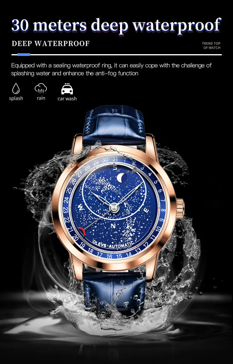 OLEVS herren Uhren Mondphase Automatische Mechanische Uhr für Mann Blau Leder Luxus Kleid Wasserdicht Leucht Armbanduhr