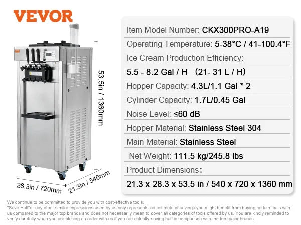 VEVOR Kommerzielle Eismaschine Eiscreme-Maschine 21–31 L/h Freistehende Softeismaschine mit 3 Geschmacksrichtungen, 2 x 4,3 L Edelstahlbehälter, LED-Panel, Automatische Reinigung, Kühlung über Nacht